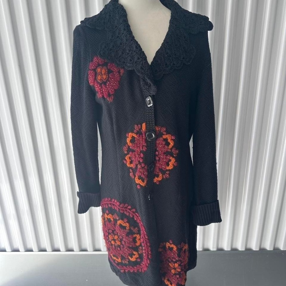 Stunning 90s Vintage Michael Simon Long Embroidered Floral Cardigan - Size M/L